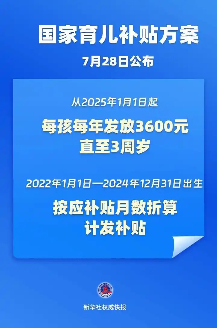 育兒補貼來了!3歲前每娃每年3600元