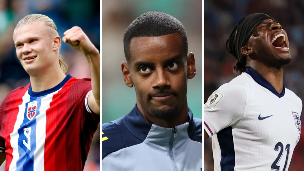 哈蘭德(左)、伊薩克(中)和馬杜埃克(右)均在國(guó)際比賽期間代表國(guó)家隊(duì)出場(chǎng)