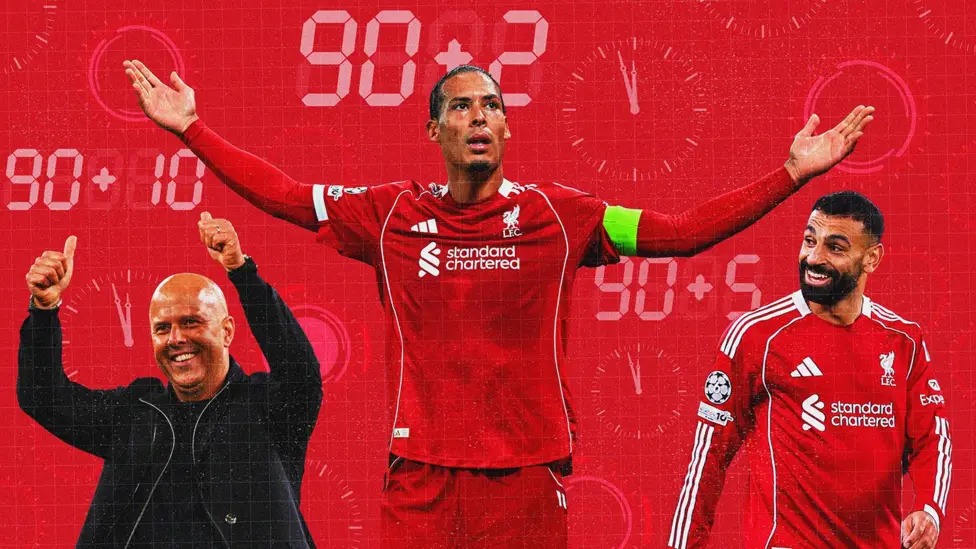 阿內(nèi)·斯洛特、維吉爾·范戴克和穆罕默德·薩拉赫慶祝利物浦的一些已故冠軍